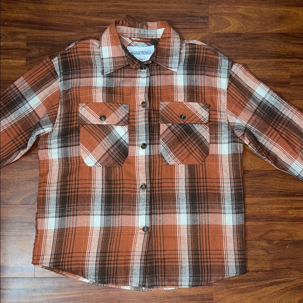 Womens Orange Plaid Button-Up Shirt